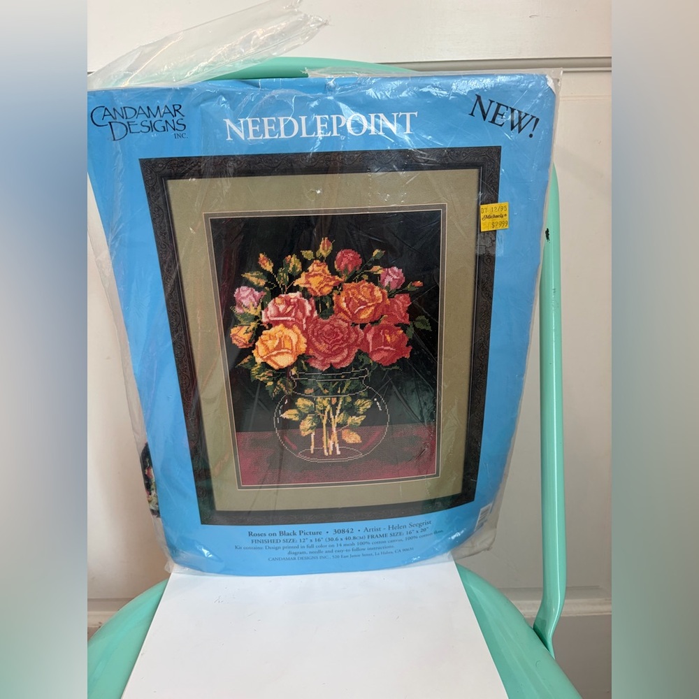 New Vintage Candamar Needlepoint “Roses on Black Picture” Helen Seegrist
